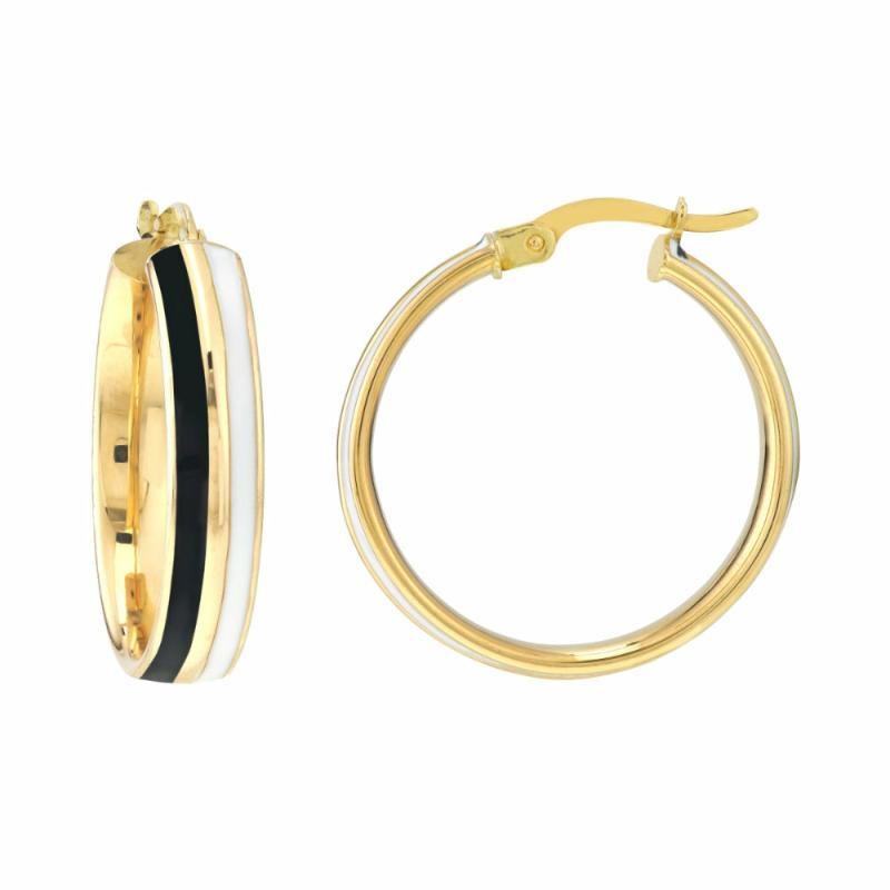 14K Black & White Enamel Round Hoops Earrings