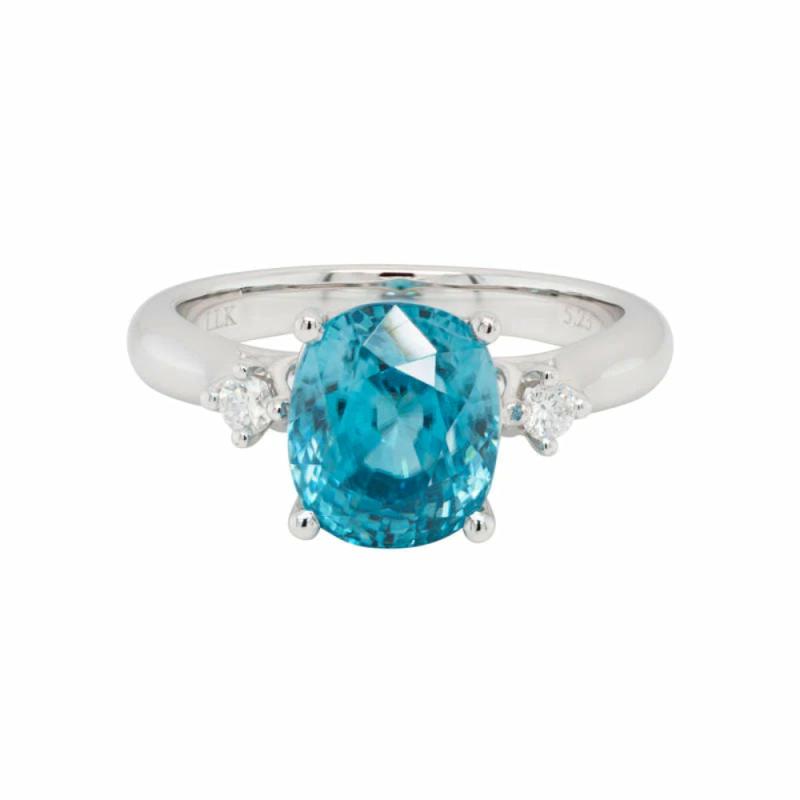 14K Blue Zircon And Diamond Three Stone Ring Jewelry