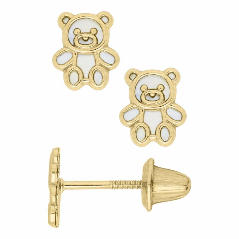 14K Children’s Gold Teddy Bear Mother Of Pearl Earrings Children's Jewelry