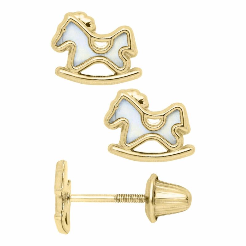 14K Children’s Rocking Horse Mother Of Pearl Earrings Children's Jewelry