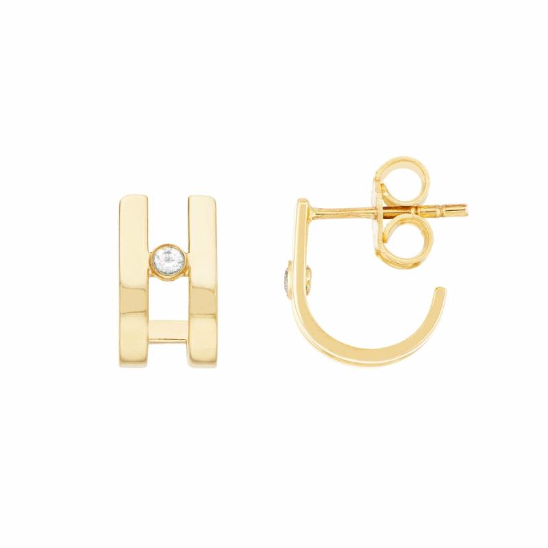 14K Diamond Bezel In Open J-Huggie Earrings Earrings