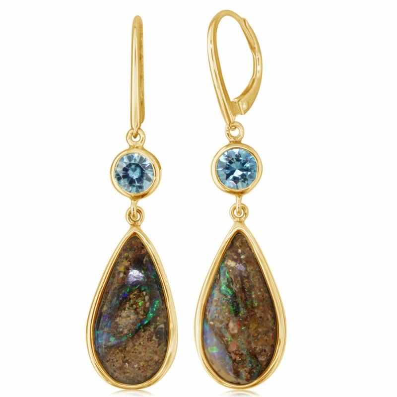 14K Gold Australian Boulder Opal & Blue Zircon Earrings Earrings