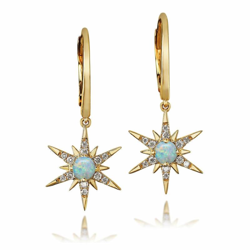 14K Gold Australian Opal & Diamond Star Earrings Earrings