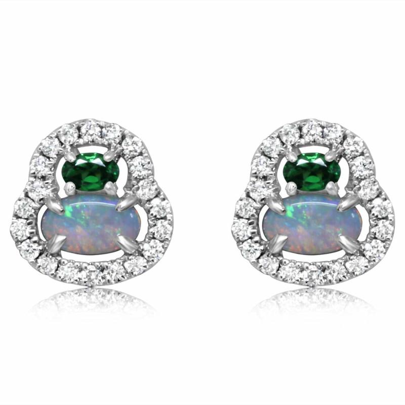 14K Gold Australian Opal Studs Earrings With Tsavorite Earrings