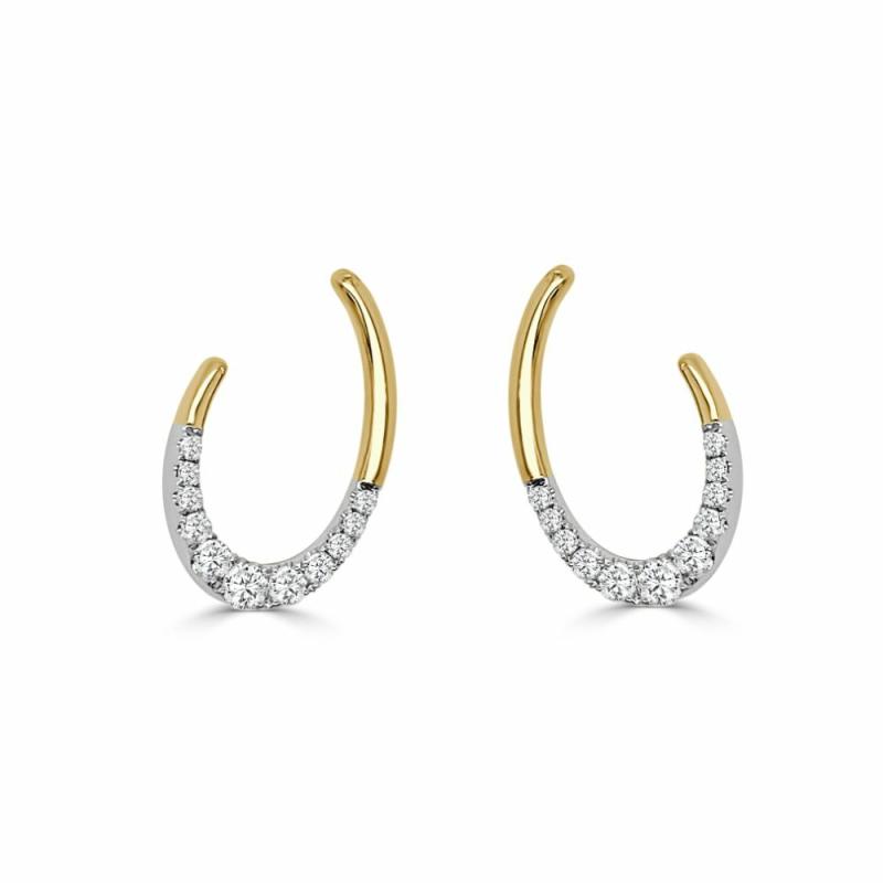 14K Gold Two-Tone Oval Half Pave Diamond Earrings Earrings