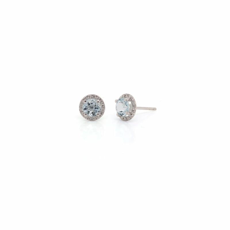 14K White Gold Aquamarine And Diamond Stud Earrings Earrings