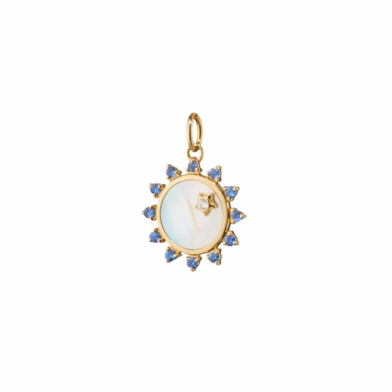 18K Gold Mini Mother Of Pearl Sapphire “Happiness” Sun Charm Charms & Pendants