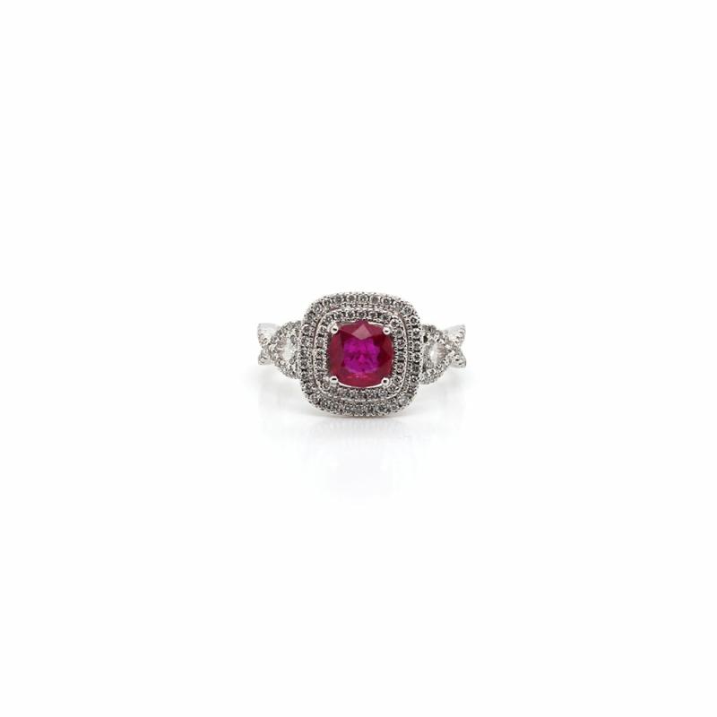 18K White Gold Ruby Ring With Double Halo Jewelry