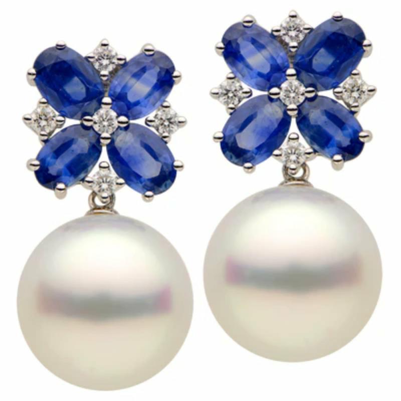 18K White South Sea Pearl And Sapphire Earrings Earrings