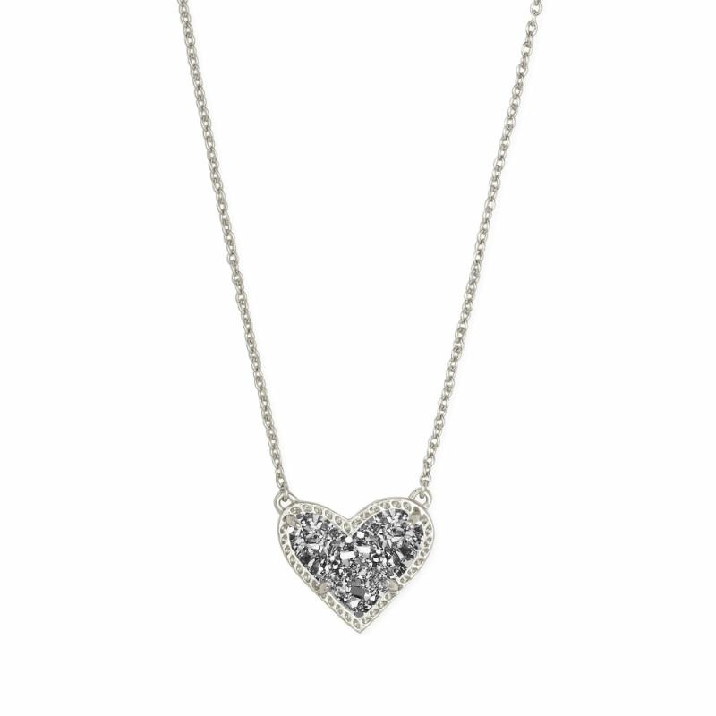 Ari Heart Rhodium Short Pendant Necklace In Platinum Drusy Jewelry