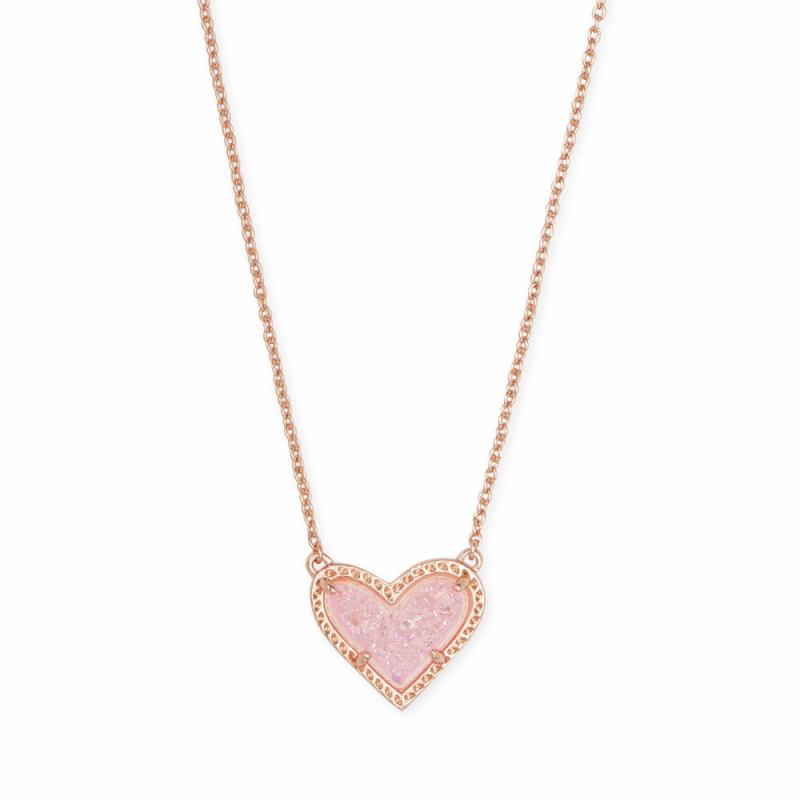 Ari Heart Short Pendant Necklace Rose Gold Pink Drusy Jewelry