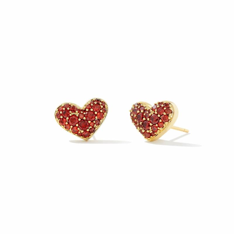 Ari Pave Crystal Heart Gold Earring- Red Crystal Earrings