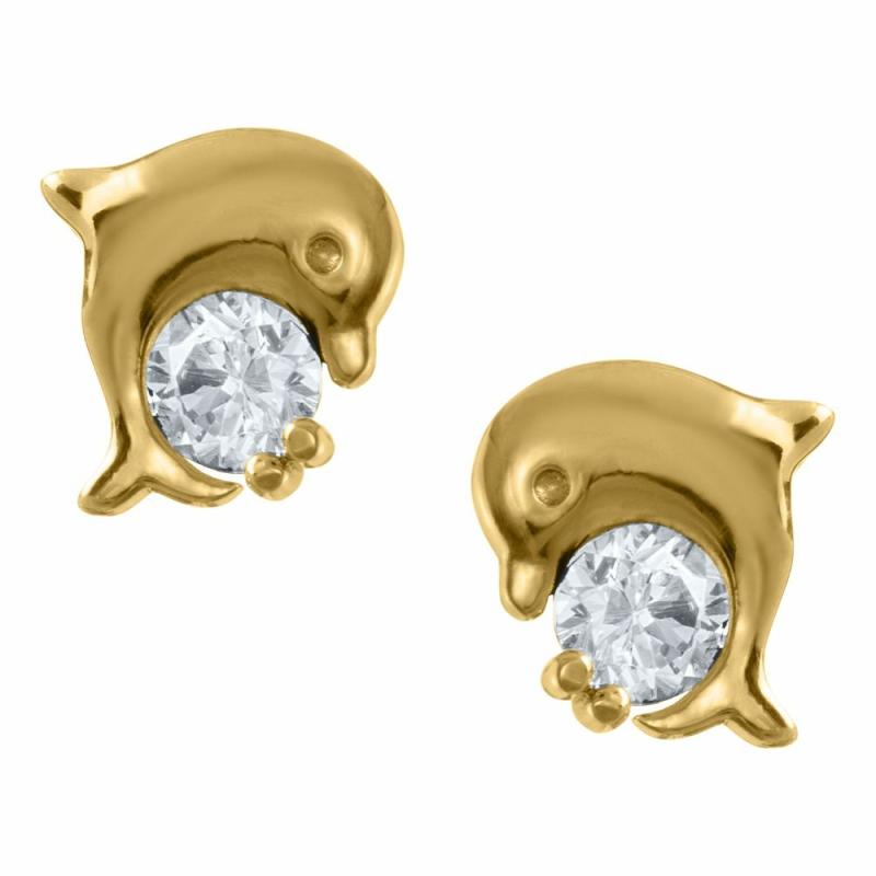 Children’s 14Y Gold Dolphin Stud Earring With Cz Children's Jewelry