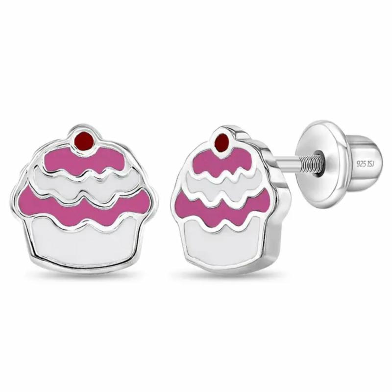 Children’s Silver & Enamel Cupcake Stud Earrings Earrings