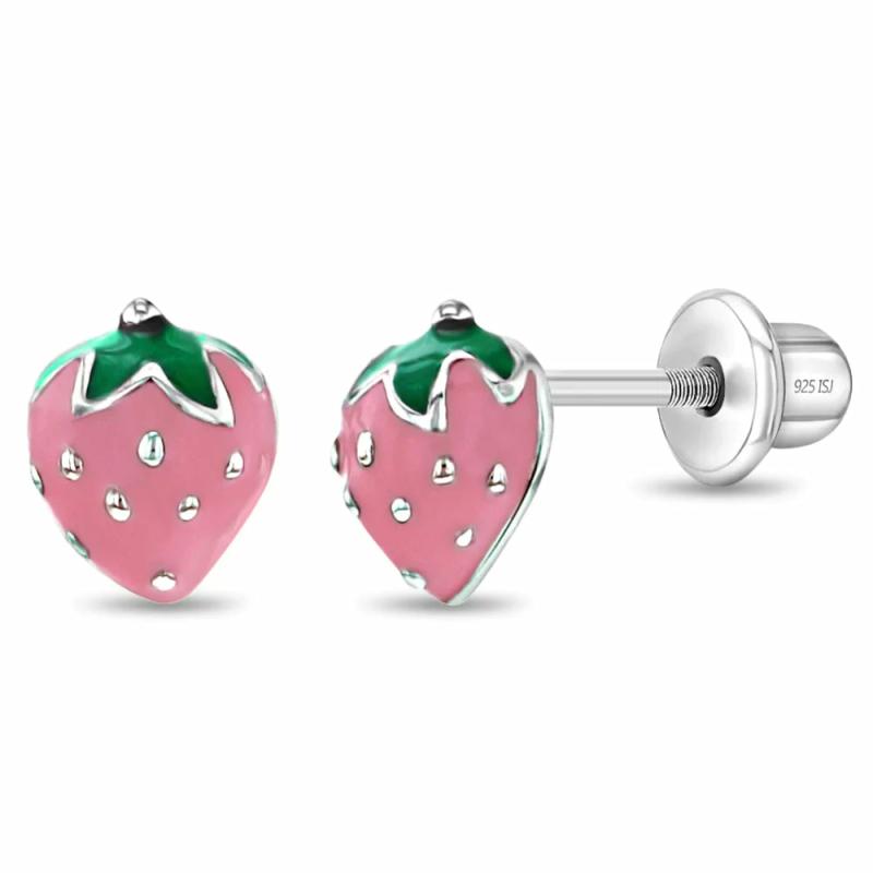 Children’s Silver Enamel Strawberry Stud Earrings- Pink Children's Jewelry