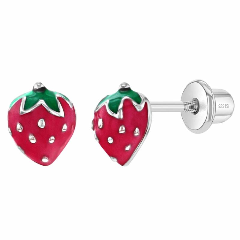 Children’s Silver Enamel Strawberry Stud Earrings- Red Children's Jewelry