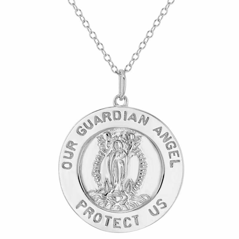 Children’s Silver Guardian Angel Round Medal Pendant Children's Jewelry