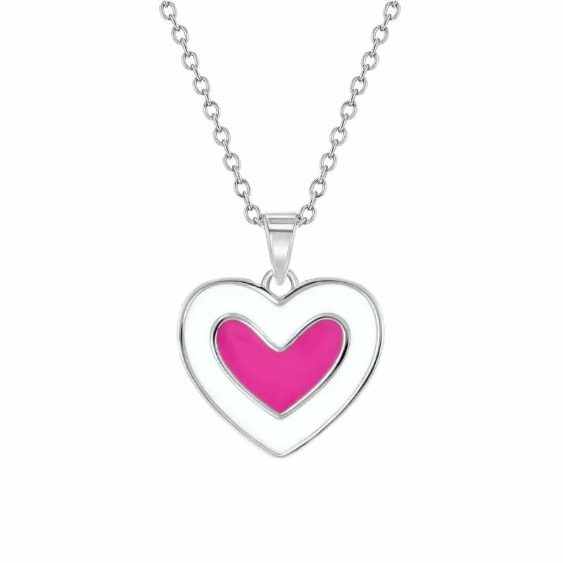 Children’s Silver Pink & White Enamel Heart Pendant Necklace Children's Jewelry