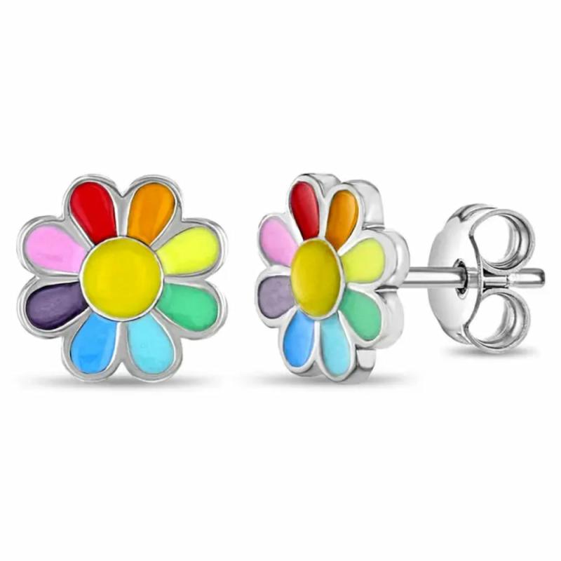 Children’s Silver Rainbow Enamel Daisy Stud Earrings Children's Jewelry