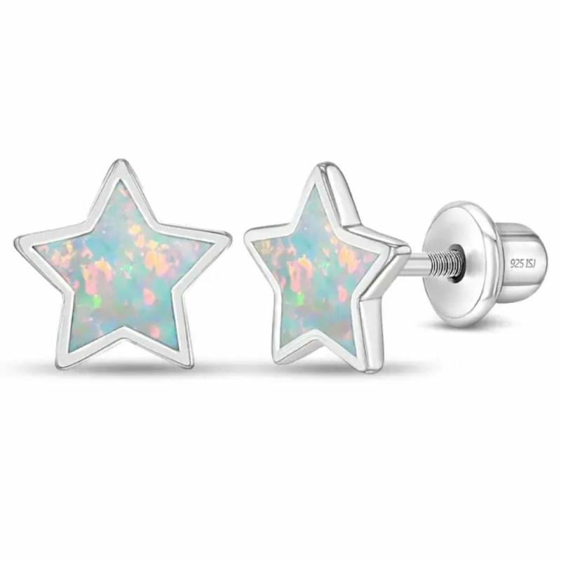 Children’s Silver & Simulated Opal Star Stud Earrings Children's Jewelry