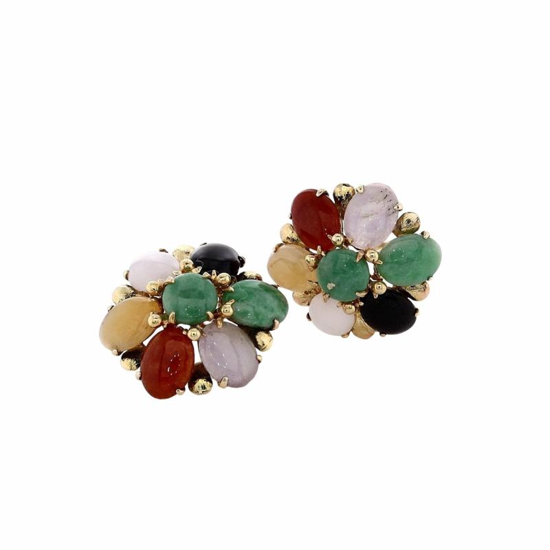 Estate 14K Yellow Gold Clip On Earrings With Multi-Colored Jade And Onyx Stones Earrings