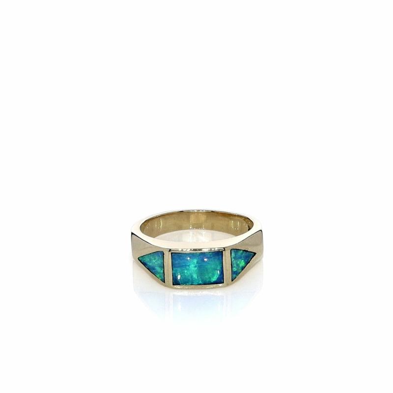 Estate 14K Yellow Gold Rectangle And Triangle Opal Inlay Ring Jewelry