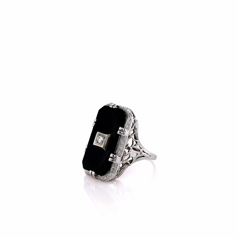 Estate 18K White Gold Filigree Onyx And Diamond Ring Jewelry