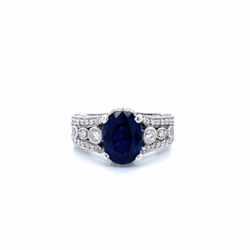 Estate 18K White Gold Oval Sapphire And Diamond Split Shank Ring Jewelry