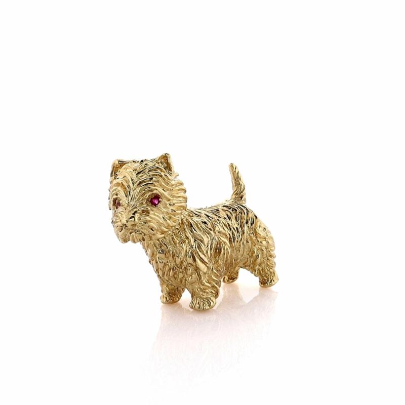 Estate 18K Yellow Gold Round Ruby Eyed Scottie Dog Brooch Charms & Pendants