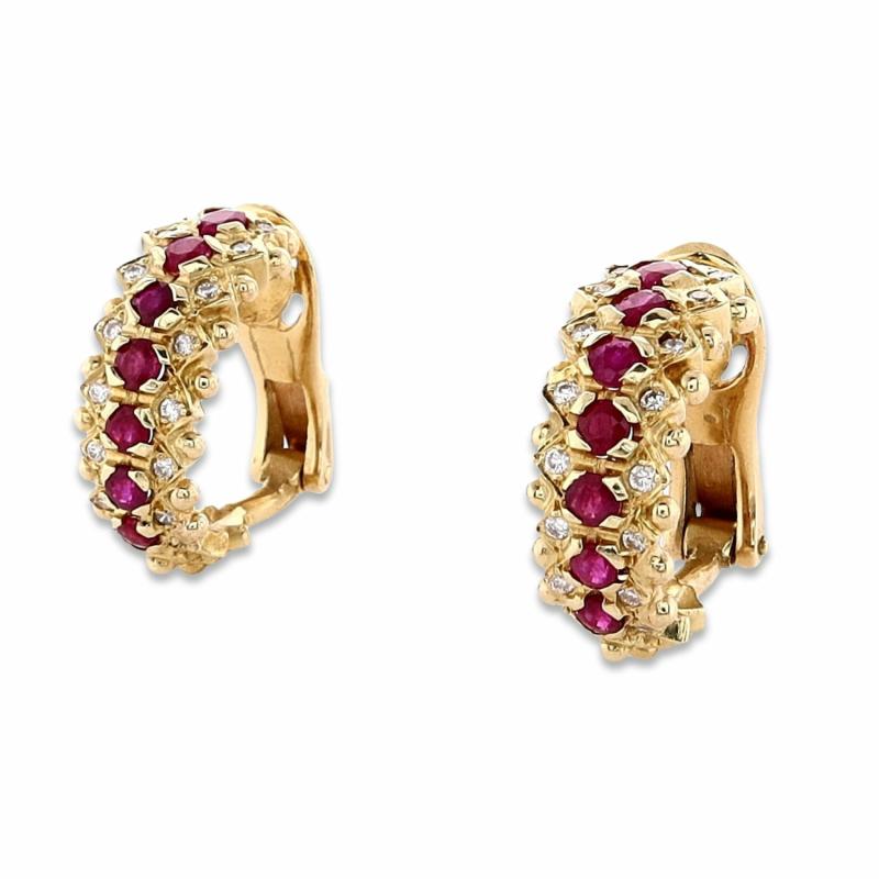 Estate 18K Yellow Gold Ruby And Diamond Clip Earrings Earrings