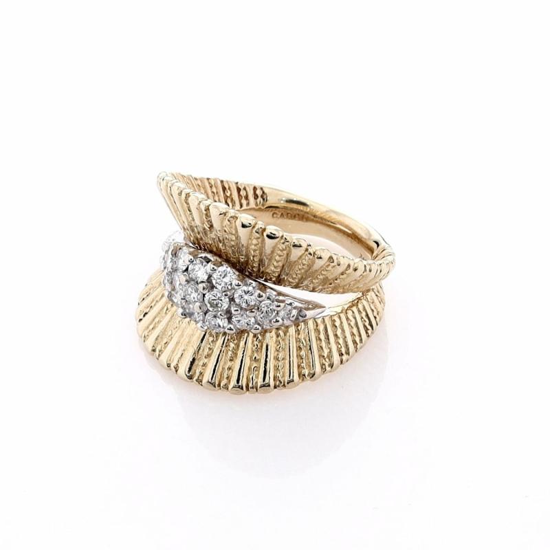 Estate Carou 14K Two Tone Ring Pave Center With Ribbed Concave Design Diamond Ring Jewelry