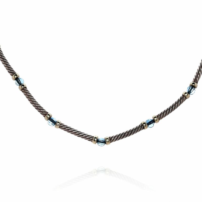 Estate David Yurman Two-Tone 15.5″ Alternating Cable Bar Blue Topaz Station Necklace Jewelry