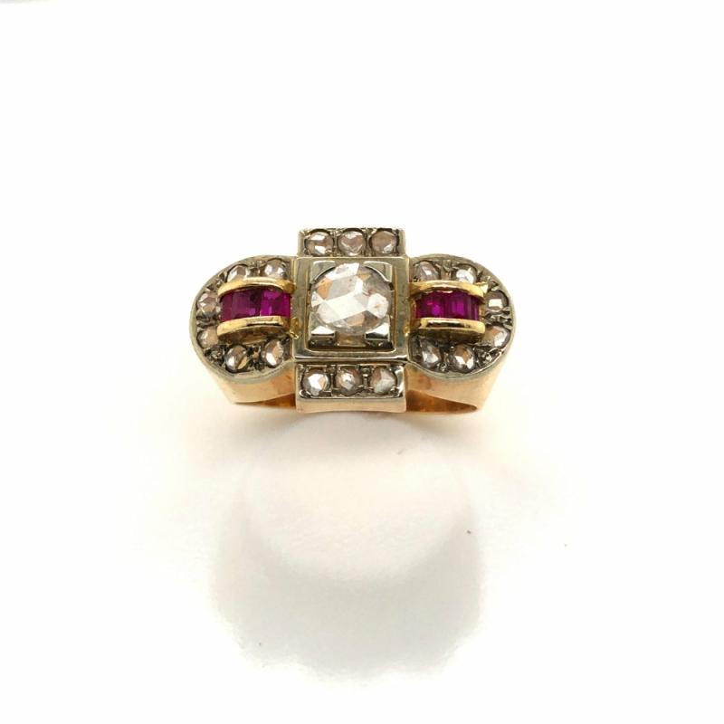 Estate Jewelry 18K Yellow Gold Retro Diamond Ruby Ring Jewelry