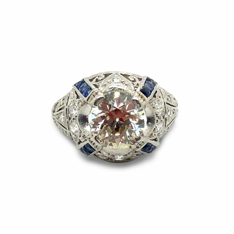 Estate Platinum Diamond And Sapphire Round Dome Ring Jewelry