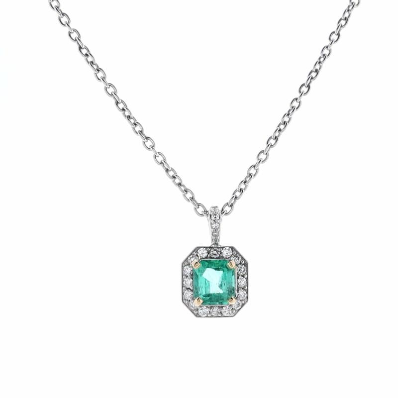 Estate Platinum Emerald Pendant With Diamond Surround 17″ Chain Necklace Jewelry