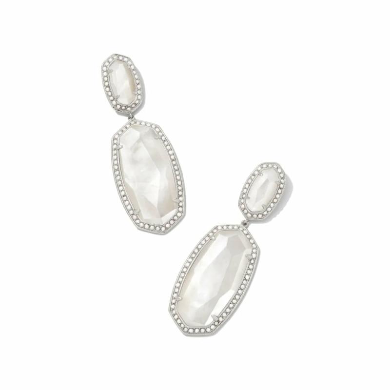 Pearl Beaded Elle Statement Earrings In Rhodium Ivory Mother-Of-Pearl Earrings