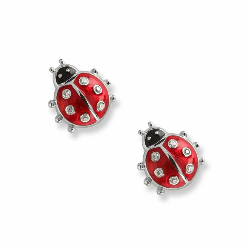 Red Ladybug Stud Earrings With White Sapphires Earrings