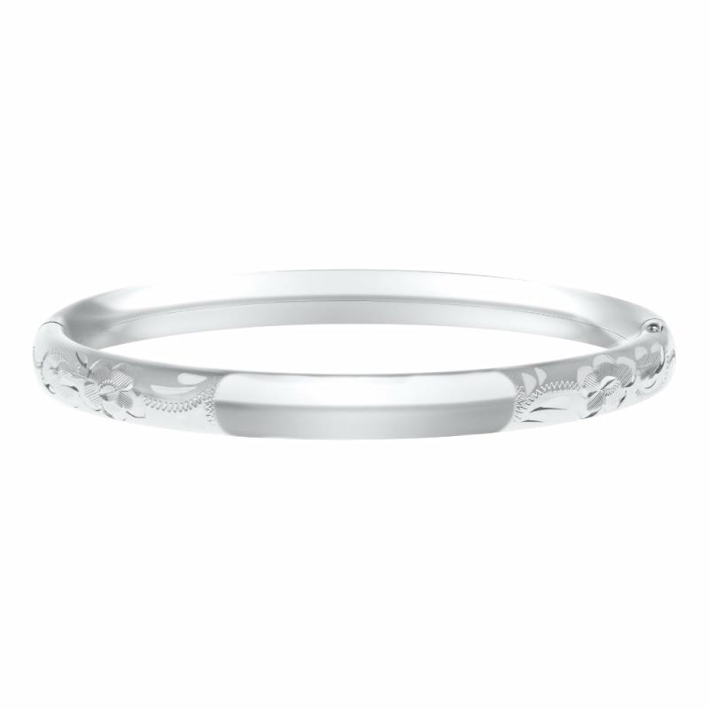 Silver Baby Bangle With Floral Engraving Children's Jewelry