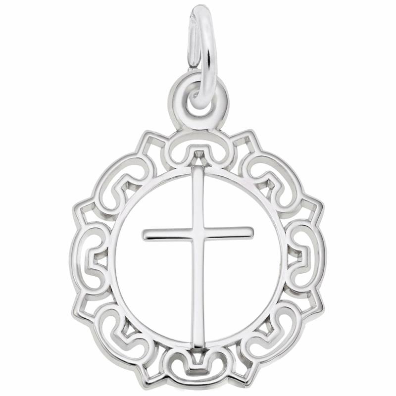 Silver Cross With Ornate Border Charm Charms & Pendants