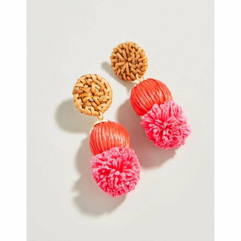 Straw Pom Earrings – Red Earrings