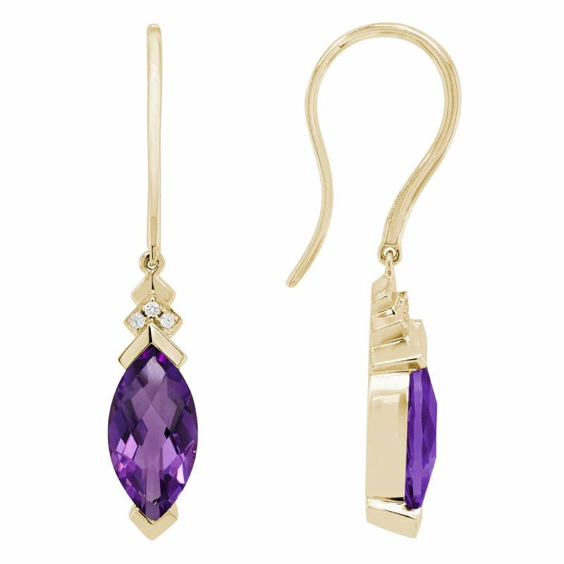 14K Yellow Gold Amethyst And Diamond Wire Earrings Earrings