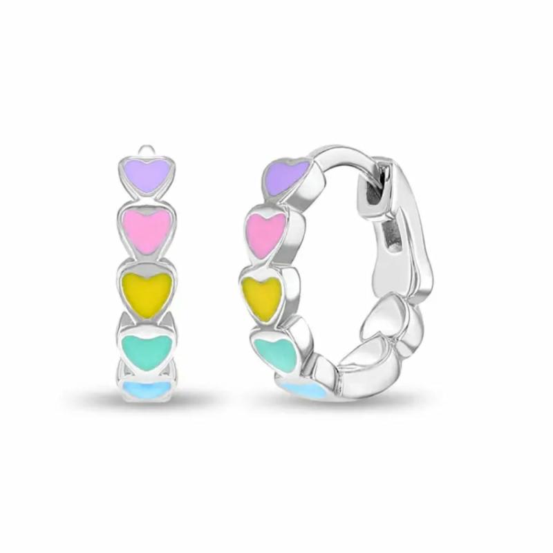 Children’s Silver & Multicolor Enamel Heart Huggie Hoop Earrings Children's Jewelry