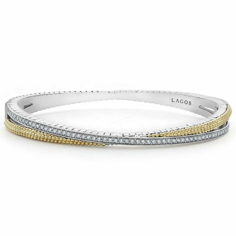 Lux 18K Gold Caviar And Diamond Bangle Bracelets